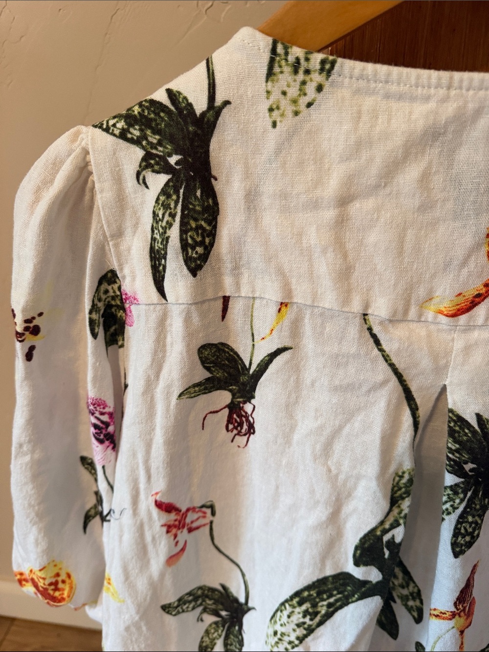 Joie Orchid Botanical Print Linen Puff Sleeve Dress Floral White Boho Size L - Picture 9 of 9